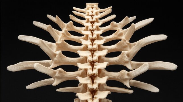 Detailed overhead view of a spine model, showcasing bony structure and intricate rib attachments.