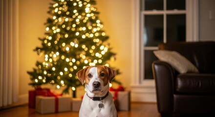 Cute Dog Celebrates Holiday Season by Sparkling Christmas Tree