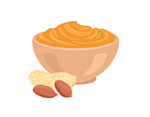 Creamy peanut butter in bowl isolated on white background. Vector cartoon flat illustration.