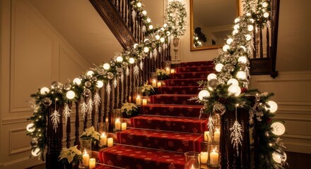 Elegant Holiday Staircase with Festive Lights and Garlands