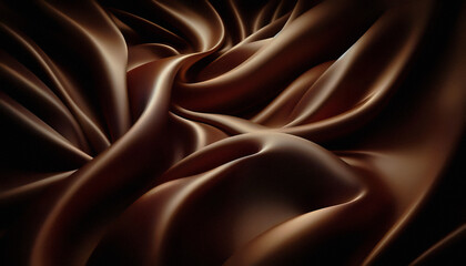 Luxurious silky surface with deep chocolate and bronze tones flows in smooth, fluid folds. Soft highlights and rich shadows create an elegant, abstract texture with a warm, refined aesthetic.