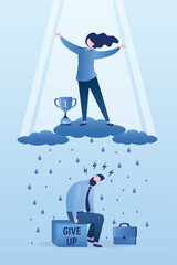 Two types of people - an optimist and pessimist. Businessman loser in rain and female winner for whom sun shines. Emotional states, emotions - happiness and sadness.