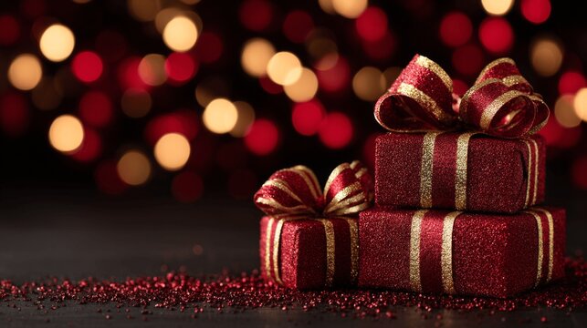 Three stacked, glittery red gift boxes with gold ribbon bows, against bokeh lights.