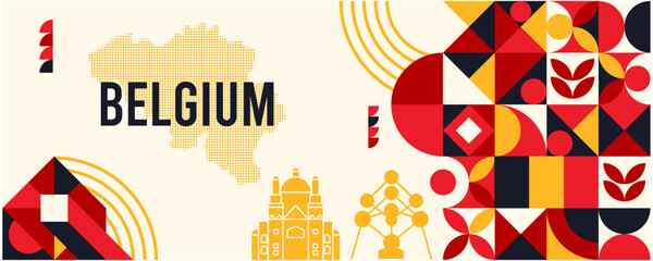 Belgium Geometric Modern Art with Landmarks and National Flag Colors