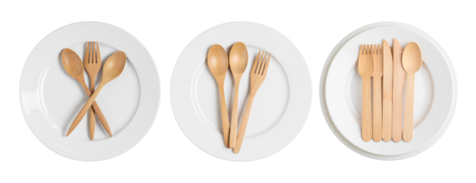 PNG Assorted Classic white plate with eco friendly wooden cutlery set, element set on transparent background - Powered by Adobe