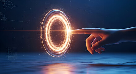 Futuristic glowing ring hologram touch interaction in dark blue studio scene