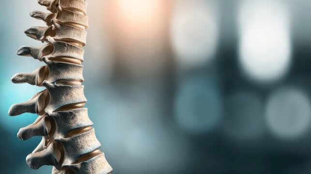 Detailed anatomical view showcasing a human spinal column against a blurred background. - Powered by Adobe
