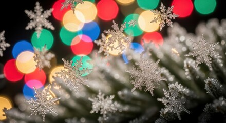 Sparkling Snowflakes on Frosted Branch with Festive Bokeh Lights