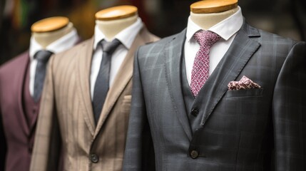 Display of tailored suits on mannequins, showcasing textures, colors, and formal attire details.