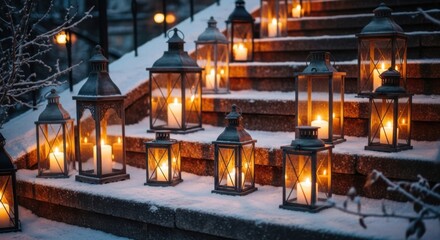 Winter Evening Lanterns Illuminating Snowy Outdoor Steps