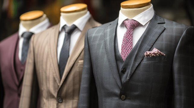 Display of tailored suits on mannequins, showcasing textures, colors, and formal attire details.