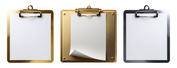 PNG Assorted golden clipboard with blank paper mockup, element set on transparent background