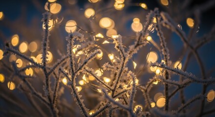 Golden Bokeh Lights Adorn Icy Winter Branches