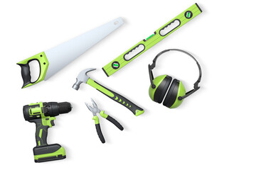 Collection of construction tools, helmets, and safety gear on white background, symbolizing work safety and building industry