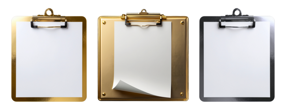 PNG Assorted golden clipboard with blank paper mockup, element set on transparent background