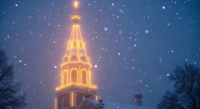 Experience the magical winter wonderland with snow falling gently on an illuminated Orthodox church steeple, creating a serene and peaceful festive scene - Powered by Adobe