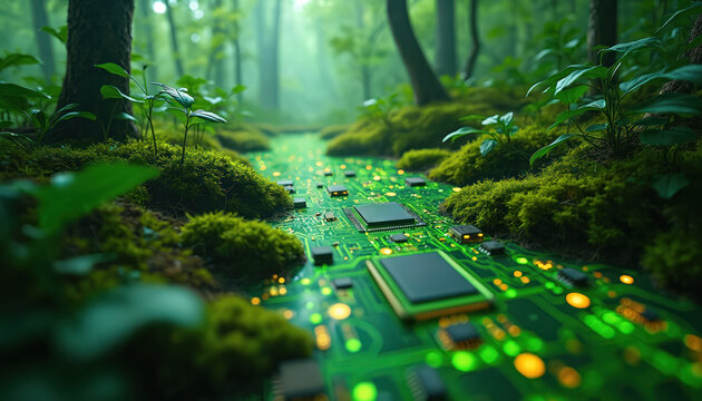 Green forest with tech circuit board path. Trees grow on moss ground. Concept of integration nature with tech. Eco innovation and eco friendly engineering development concept idea for promo.