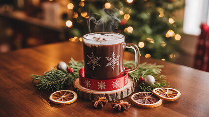 Steaming hot chocolate on festive christmas table