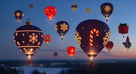 Fototapeta premium Spectacular Christmas holiday hot air balloons glowing at twilight create a festive and magical winter wonderland scene perfect for seasonal cheer