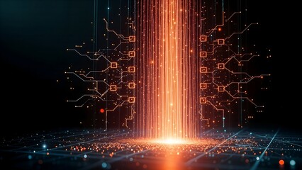 vertical wood tree light beam with connected line branch circuit network on digital grid surface
