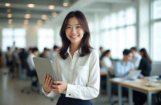 Young Japanese businesswoman smiles holding tablet computer. She stands in modern office with blurred team working behind her. Pro woman uses tech device for work.