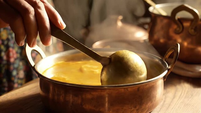 Close-Up Copper Pot Of Golden Soup Being Served With A Ladle On A Wooden Table