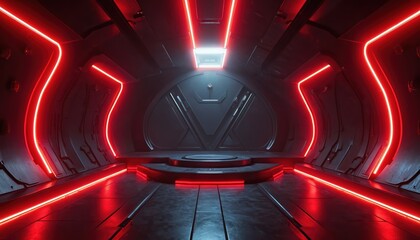 Futuristic metallic corridor with red neon lighting and circular platform. Sci fi interior with glowing lights and dark textured walls. Cyberpunk tunnel with modern design.