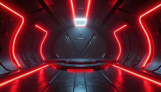 Futuristic metallic corridor with red neon lighting and circular platform. Sci fi interior with glowing lights and dark textured walls. Cyberpunk tunnel with modern design.