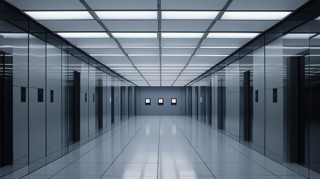circumlocution. Endless corridor of identical gray office doors with numbered plaques, symmetrical perspective. real-estate listings.