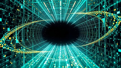 digital eye matrix tunnel intricate grid circular line network of blue and green neon light sci-fi motion