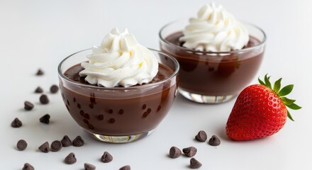 Two chocolate puddings with whipped cream in glass bowls