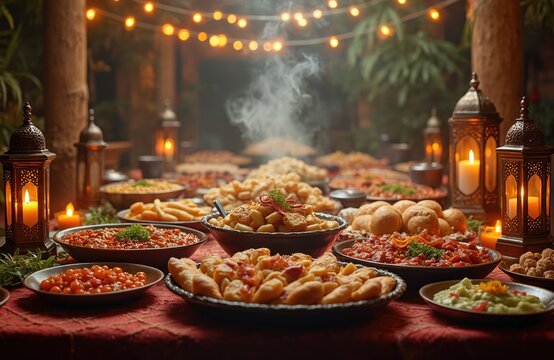 Elaborate banquet table filled with diverse Middle Eastern dishes, steaming hot. Decorative lanterns, fairy lights create warm evening ambiance. Ideal for Eid al Adha celebrations, restaurant ads