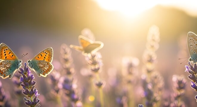 Beautiful butterflies on lavender flowers with a warm sunny glow outdoors
