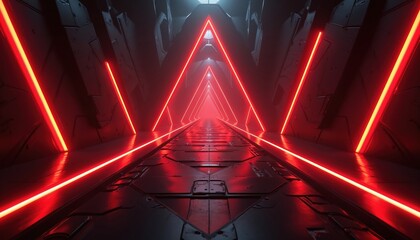 Abstract futuristic tunnel with red neon light elements. Interior design in a dark setting. 3D render of a geometric corridor. Cyberpunk style design for wallpaper or background.