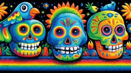 Vibrant and colorful artistic depiction of three decorated sugar skulls with bird companions and floral elements.