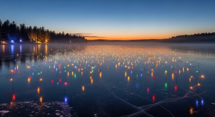 Beautiful winter lake illuminated by colorful festive lights