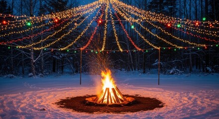 Cozy winter bonfire under festive lights evokes holiday cheer and warmth in snowy forest setting perfect for seasonal celebrations and outdoor gatherings