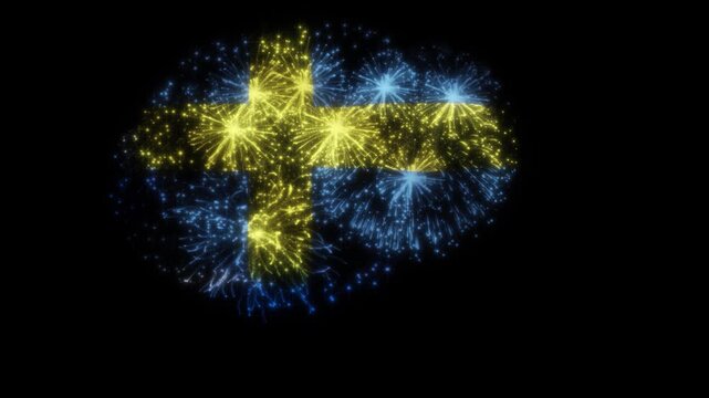 Sweden Flag Fireworks Animation on Black Background | Swedish National Day Celebration Pyrotechnics | Flag-Shaped Fireworks Effect Isolated - Powered by Adobe