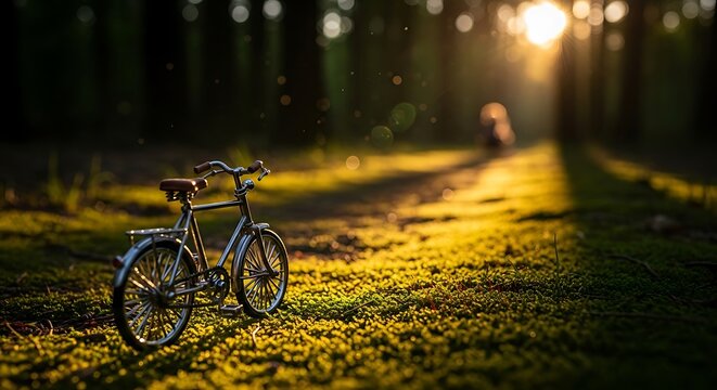 Miniature Bicycle Resting in a Sun-Drenched Forest at Golden Hour - Powered by Adobe