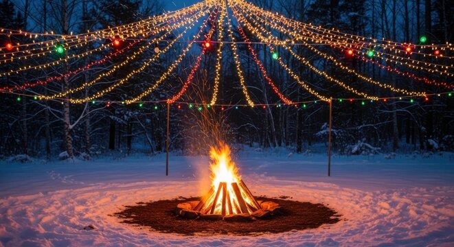 Cozy winter bonfire under festive lights evokes holiday cheer and warmth in snowy forest setting perfect for seasonal celebrations and outdoor gatherings