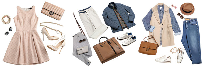 Set of A brown bag with a zipper, shoes, dress with talking fashion isolated on a transparent background