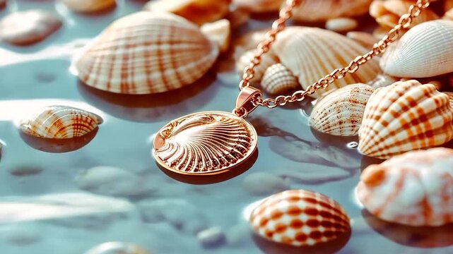 Golden seashell pendant on a chain surrounded by seashells