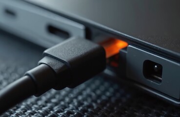 Closeup of USB type C black cable connected to electronic device. Modern plug provides fast charge and high speed data transfer. Symmetric connector and universal port are new tech.