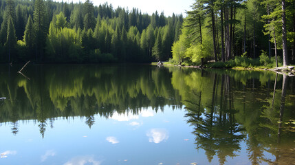 Reflection in the water of a forest, calm lake, summer time