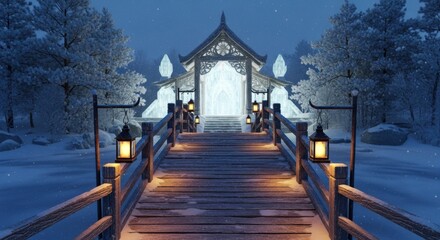 Frozen Winter Pathway to a Glowing Ornamental Archway