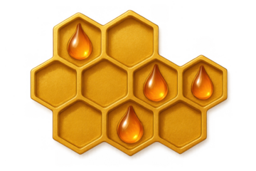 Honeycomb structure with golden liquid drops, natural sweet food ingredient, hexagonal pattern, transparent background
