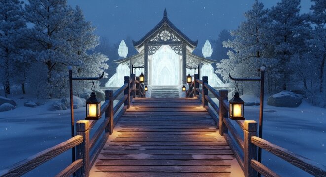 Frozen Winter Pathway to a Glowing Ornamental Archway