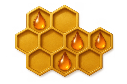 Honeycomb structure with golden liquid drops, natural sweet food ingredient, hexagonal pattern, transparent background - Powered by Adobe