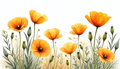 Fototapeta premium Field with blooming yellow poppies and green seed pods on white background. Delicate flowers with thin stems and airy foliage evoke summer warmth and nature beauty.