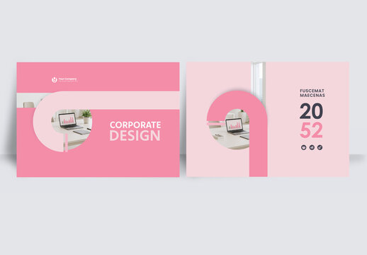 Modern business brochure layout &ndash;  Geometric Book Cover Landscape Layout  Pink and White  
